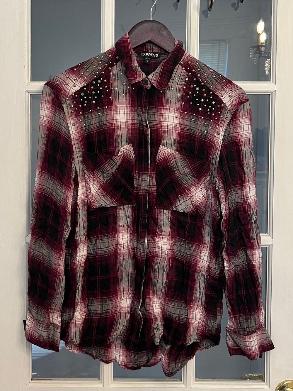 EXPRESS Women’s Burgundy Plaid Studded Shoulder Roll Tab Button Down Shirt S